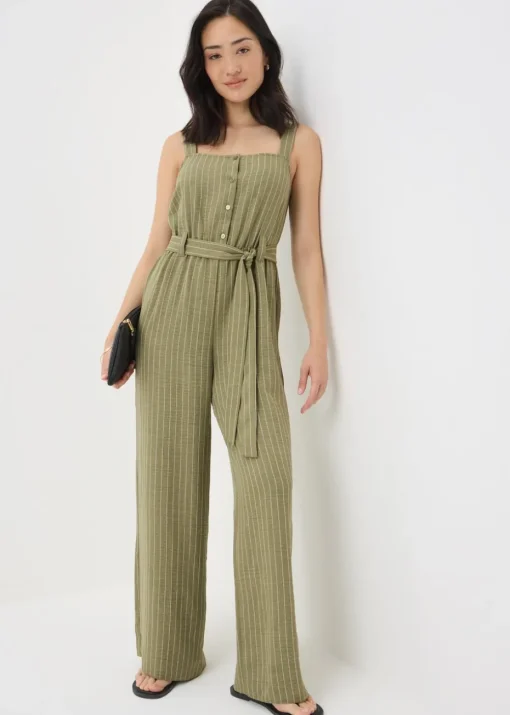 Khaki Stripe Button Front Jumpsuit