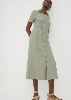 Khaki Textured Shirt Midi Dress