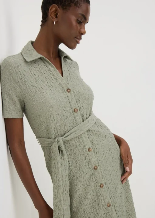 Khaki Textured Shirt Midi Dress
