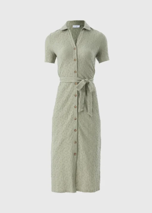 Khaki Textured Shirt Midi Dress