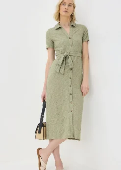 Khaki Textured Shirt Midi Dress