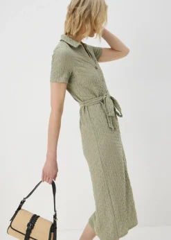 Khaki Textured Shirt Midi Dress