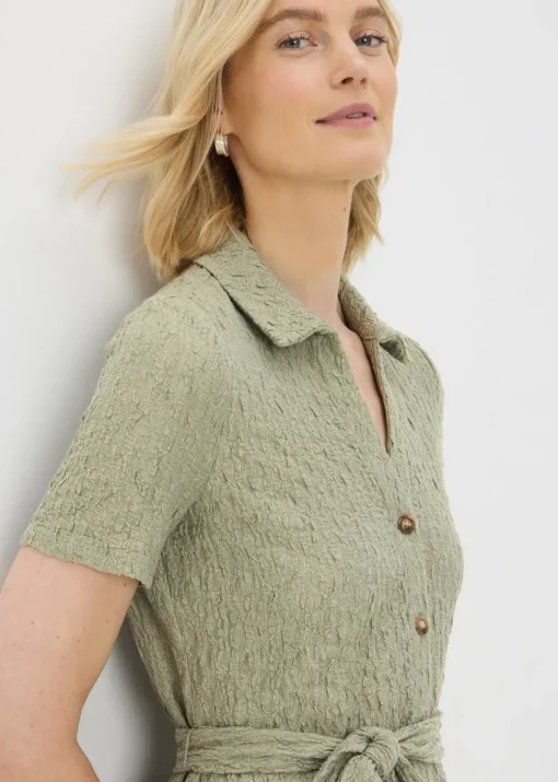 Khaki Textured Shirt Midi Dress