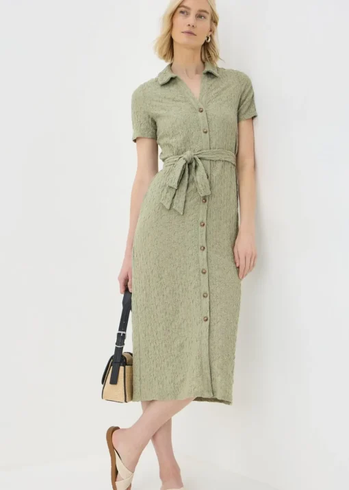 Khaki Textured Shirt Midi Dress