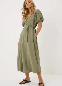 Khaki Tie Waist Midi Dress