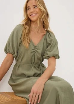 Khaki Tie Waist Midi Dress