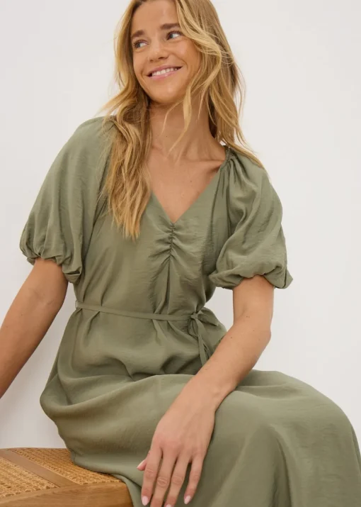 Khaki Tie Waist Midi Dress