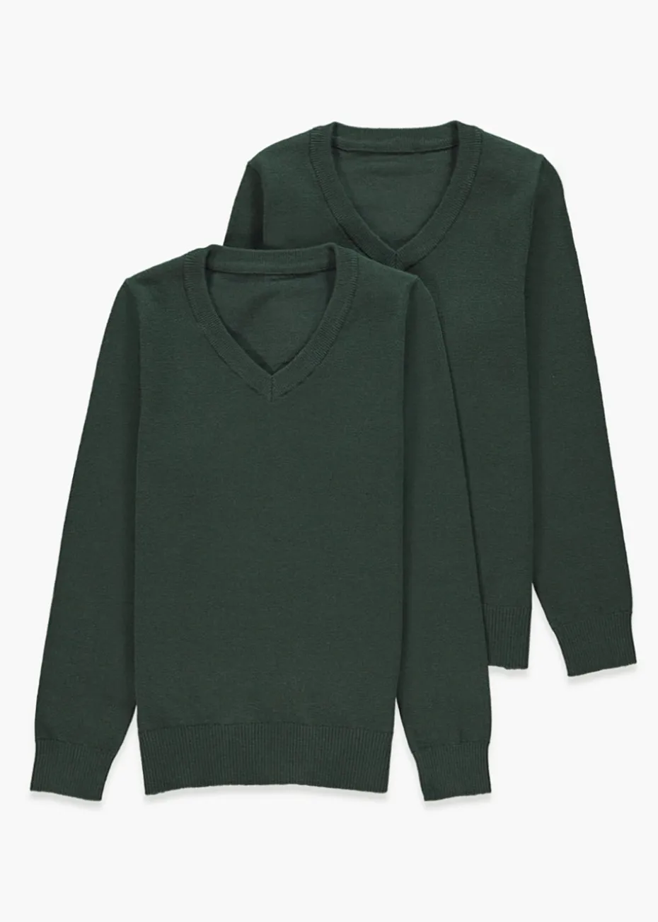 Kids 2 Pack Green V-Neck School Jumpers (3-13yrs)