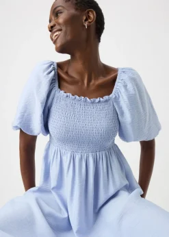Light Blue Shirred Puff Sleeve Midi Dress
