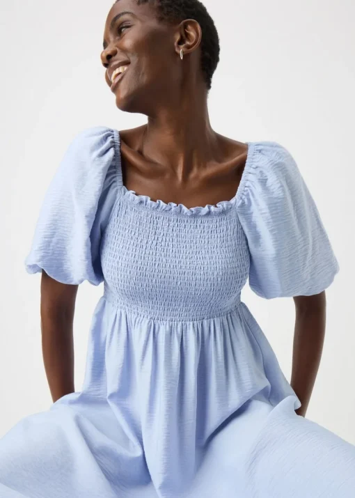Light Blue Shirred Puff Sleeve Midi Dress