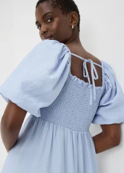 Light Blue Shirred Puff Sleeve Midi Dress