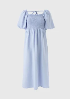 Light Blue Shirred Puff Sleeve Midi Dress