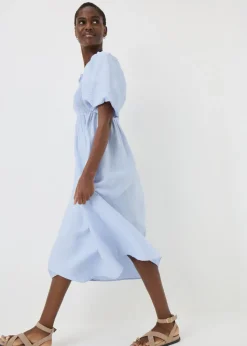 Light Blue Shirred Puff Sleeve Midi Dress