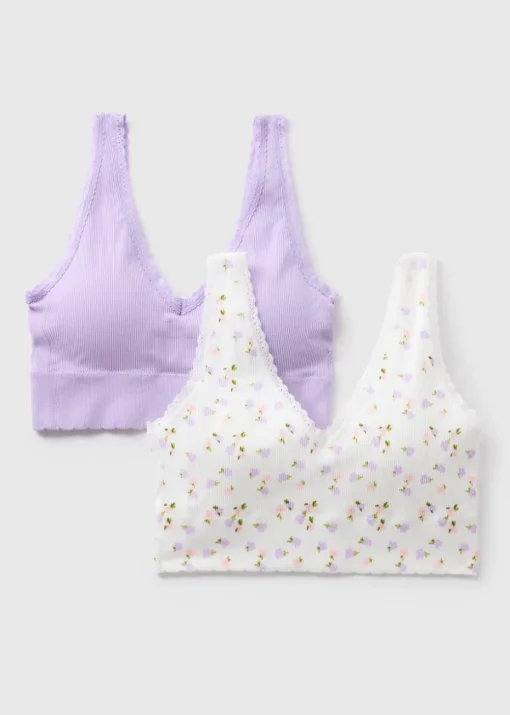 Lilac 2 Pack Ribbed Floral Bralette Set