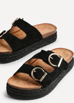 Linzi Alabama Black Faux Suede Double Buckle Plaited Flatform Slider