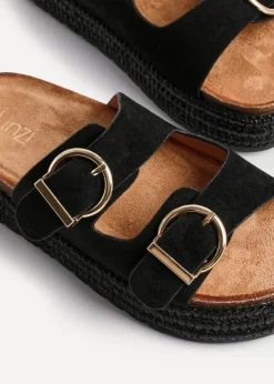 Linzi Alabama Black Faux Suede Double Buckle Plaited Flatform Slider