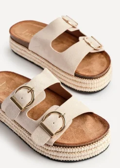 Linzi Alabama Sand Faux Suede Double Buckle Plaited Flatform Slider