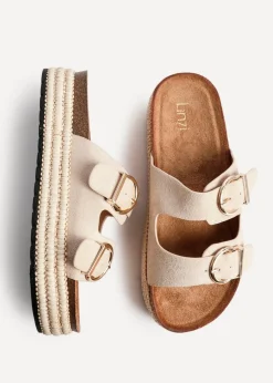 Linzi Alabama Sand Faux Suede Double Buckle Plaited Flatform Slider