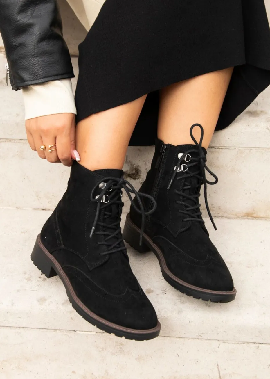 Linzi Ashleigh Black Faux Suede Lace Up Military Boot