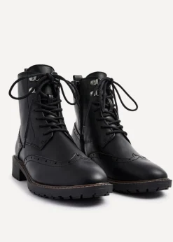 Linzi Ashleigh Black Faux Leather Lace Up Military Boot