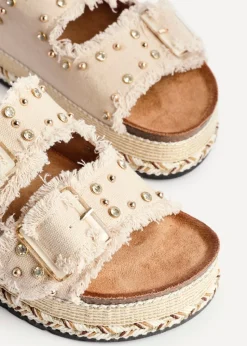 Linzi Bahama Beige Diamante Studded Double Buckle Flatform Slider Sandal