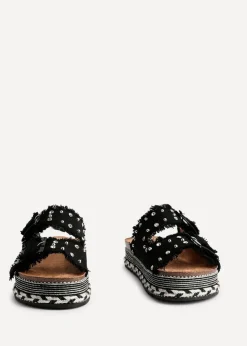 Linzi Bahama Black Diamante Studded Double Buckle Flatform Slider Sandal