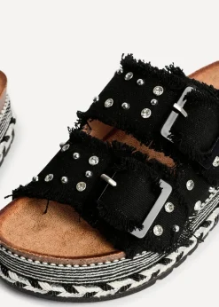 Linzi Bahama Black Diamante Studded Double Buckle Flatform Slider Sandal