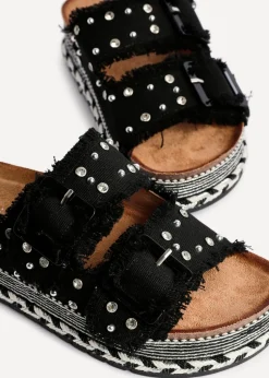 Linzi Bahama Black Diamante Studded Double Buckle Flatform Slider Sandal
