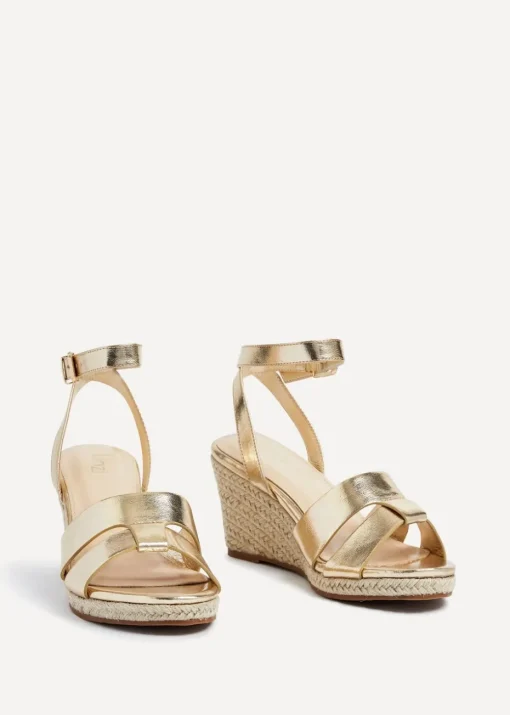 Linzi Bahia Gold Faux Leather Espadrille Inspired Wedge