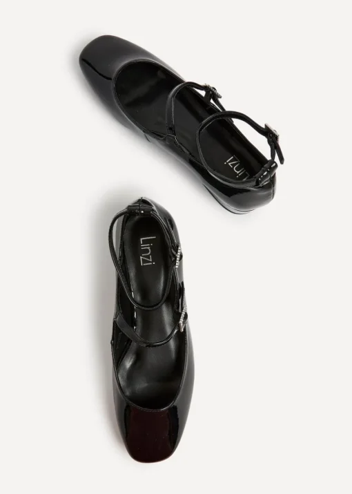 Linzi Black Patent Double Strap Embellished Buckle Mary Jane Shoes