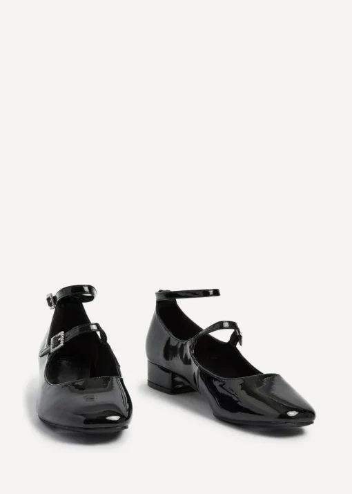 Linzi Black Patent Double Strap Embellished Buckle Mary Jane Shoes