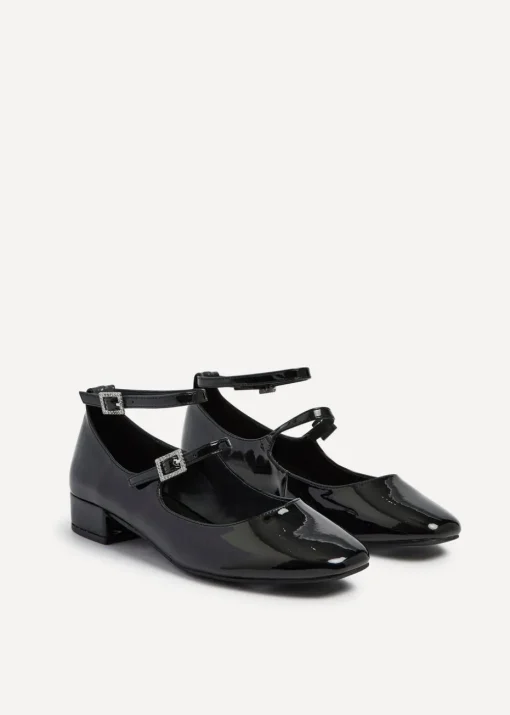Linzi Black Patent Double Strap Embellished Buckle Mary Jane Shoes