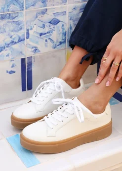 Linzi Blanca White Faux Leather Lace-Up Flatform Trainers