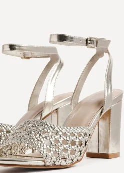 Linzi Bridget Gold Faux Leather Handwoven Block Heeled Sandals