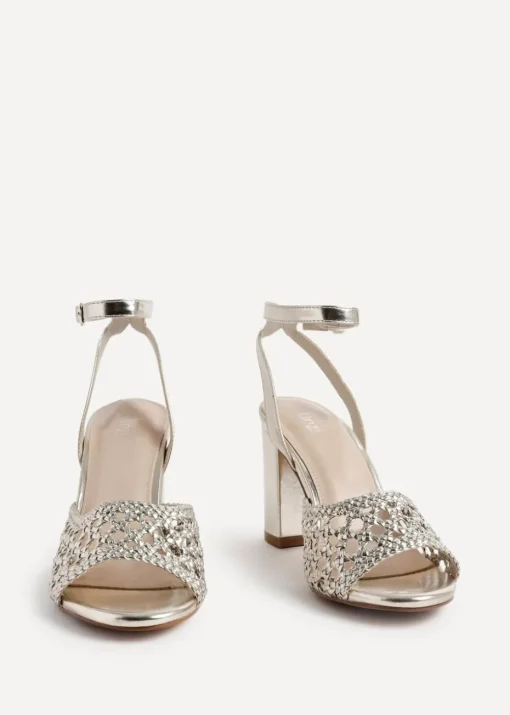 Linzi Bridget Gold Faux Leather Handwoven Block Heeled Sandals