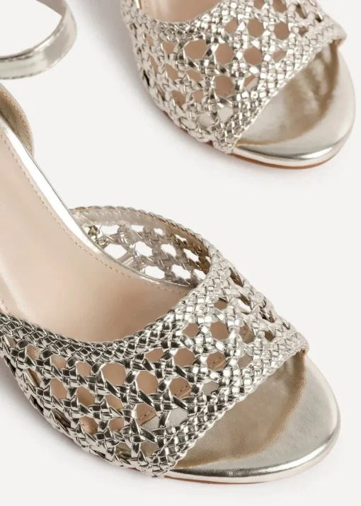 Linzi Bridget Gold Faux Leather Handwoven Block Heeled Sandals