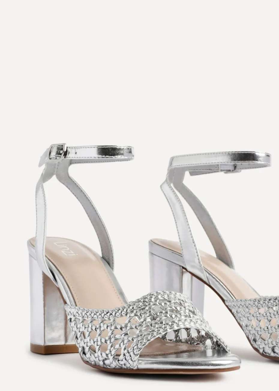 Linzi Bridget Silver Faux Leather Handwoven Block Heeled Sandal