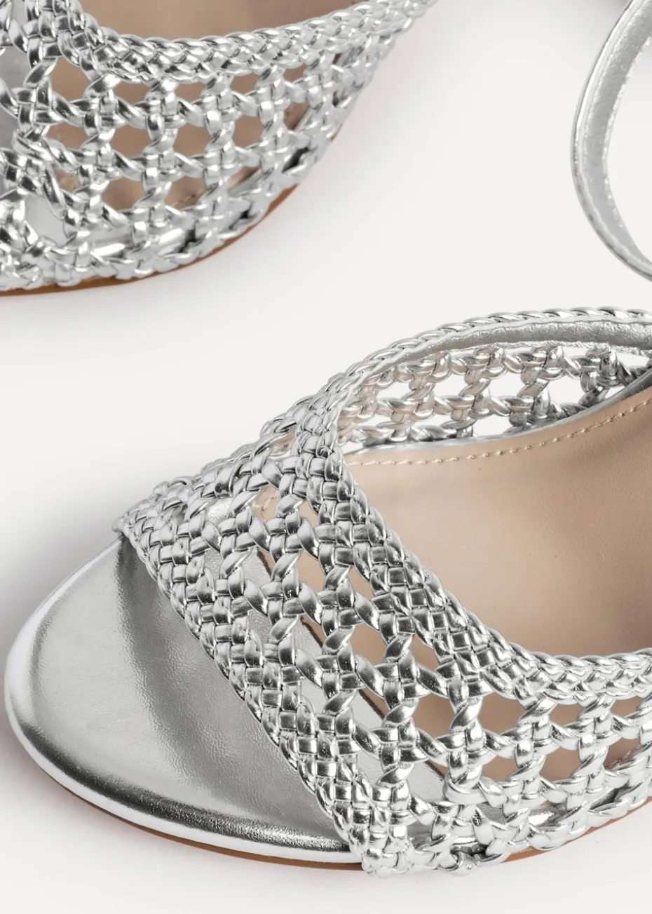 Linzi Bridget Silver Faux Leather Handwoven Block Heeled Sandal