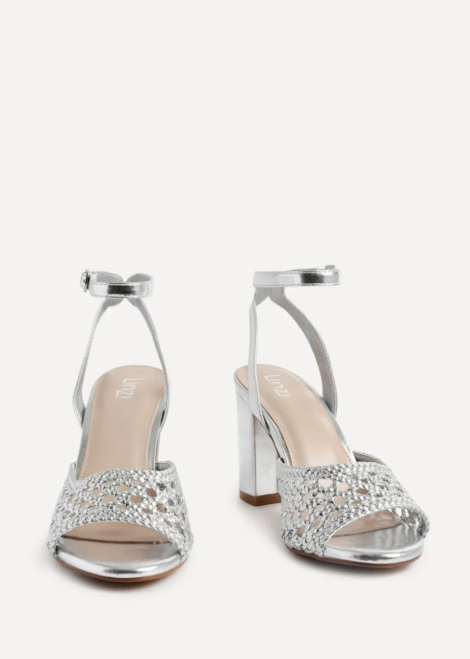 Linzi Bridget Silver Faux Leather Handwoven Block Heeled Sandal