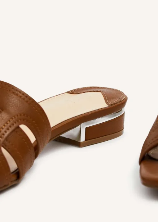 Linzi Caprice Tan Faux Leather Low Heeled Woven Mule Sandal