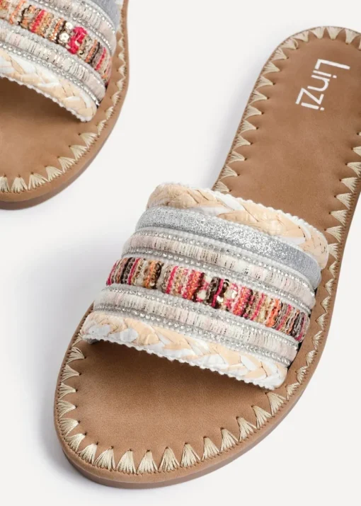 Linzi Carel White Multi Woven Embellished Flat Sandals