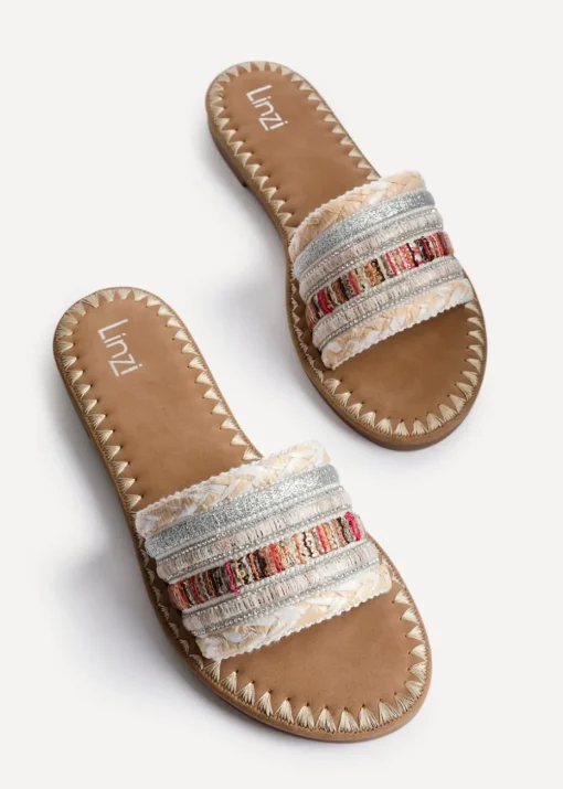 Linzi Carel White Multi Woven Embellished Flat Sandals