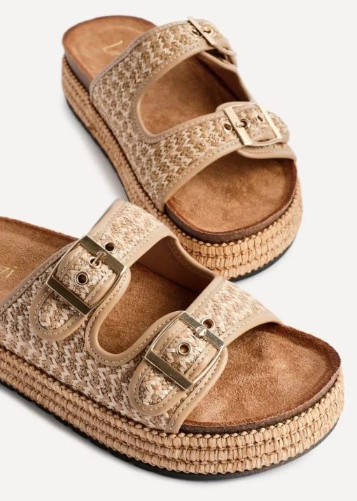 Linzi Cici Beige Aztec Woven Double Buckle Flatform Slider Sandal