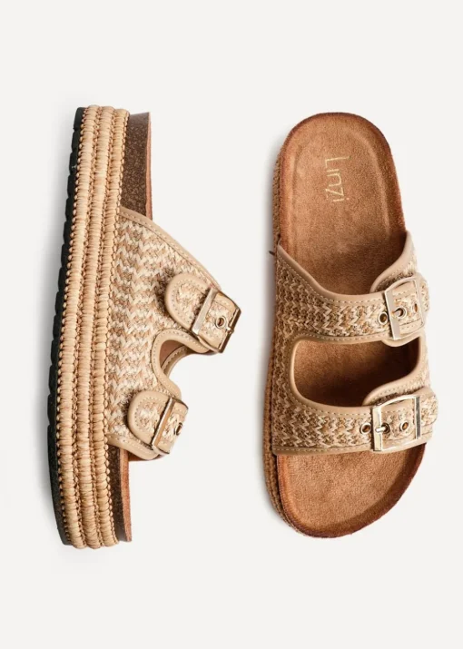 Linzi Cici Beige Aztec Woven Double Buckle Flatform Slider Sandal