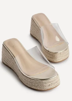 Linzi Clear Espresso Perspex Espadrille Inspired Mule Wedges