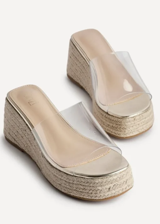 Linzi Clear Espresso Perspex Espadrille Inspired Mule Wedges