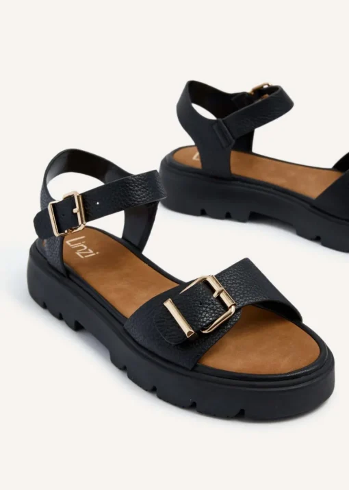 Linzi Comet Black Faux Grain Leather Chunky Sandal