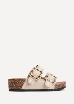 Linzi Darby Beige Faux Suede Double Buckle Sandal