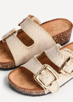 Linzi Darby Beige Faux Suede Double Buckle Sandal