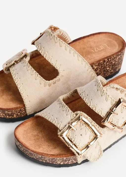 Linzi Darby Beige Faux Suede Double Buckle Sandal